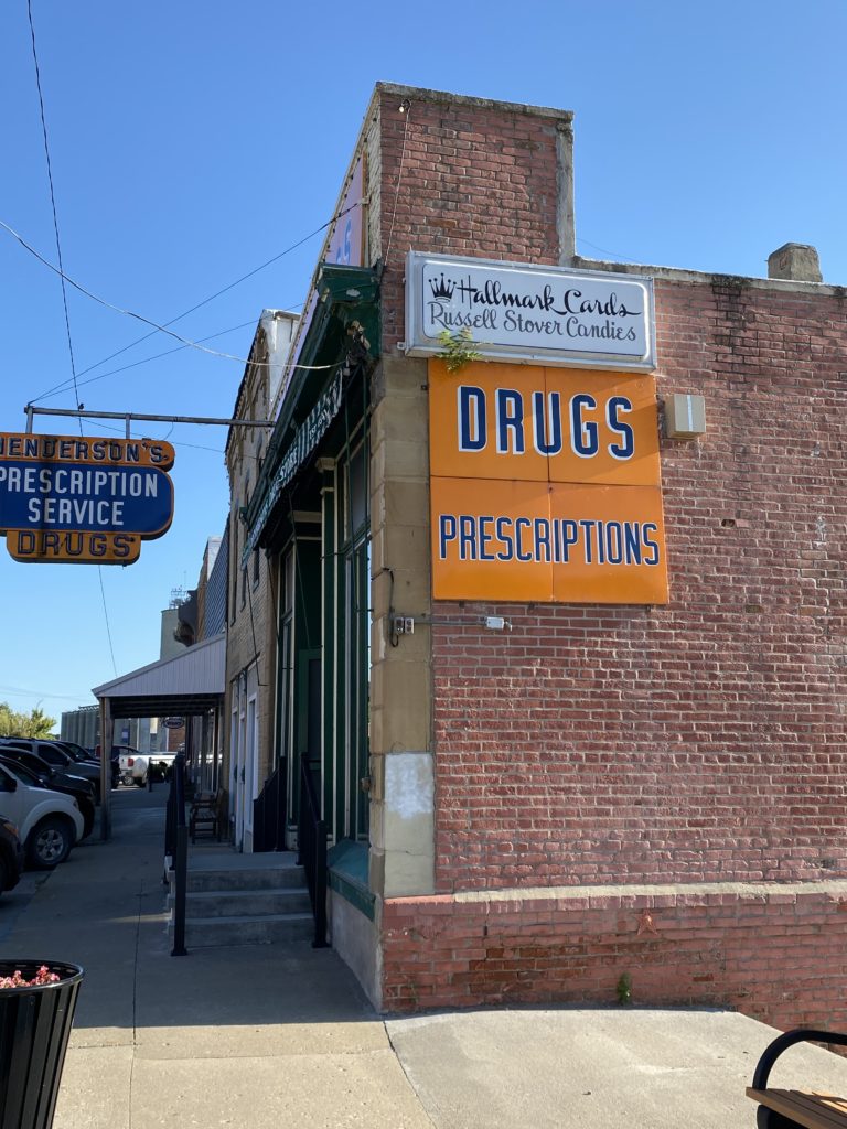 Image of Henderson Pharmacy and Fountain Shop on a sunny day.