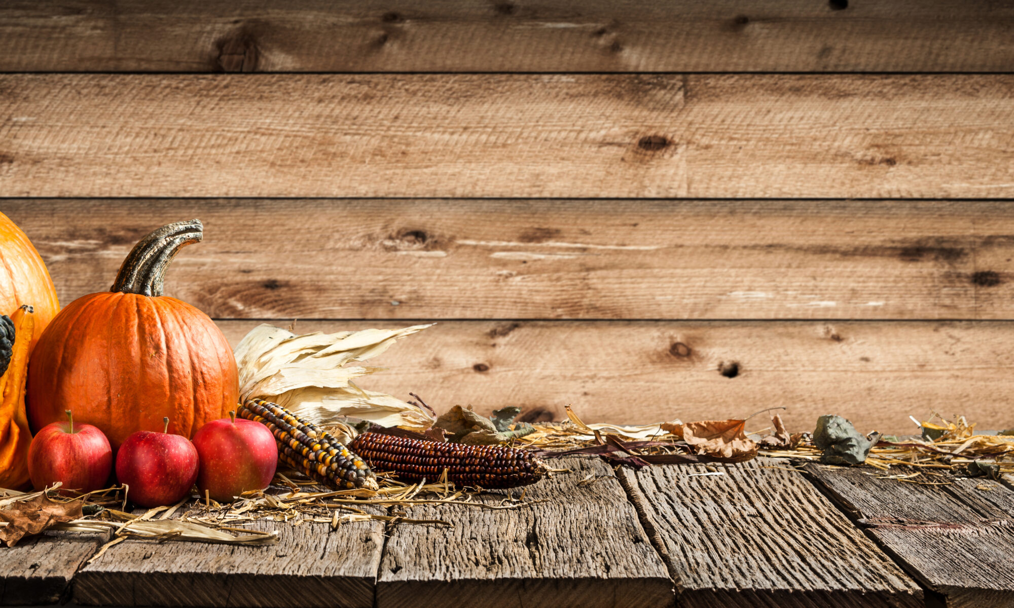 Thanksgiving With Pumpkins Corncob And Apples On Wooden Table